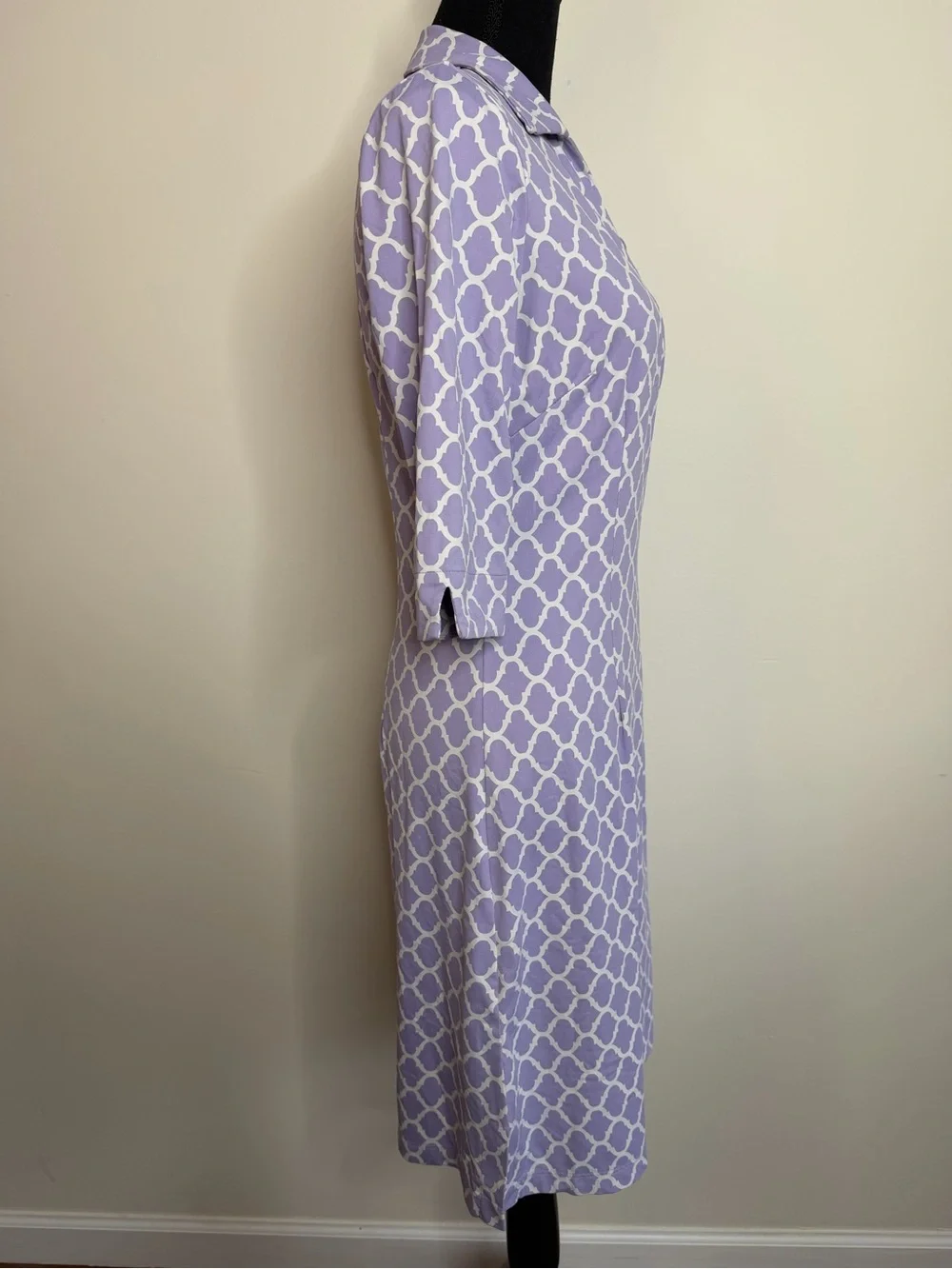 J McLaughlin Sz S Catalina Cloth Dress 3/4 Sleeve Purple White V Neck Stretch